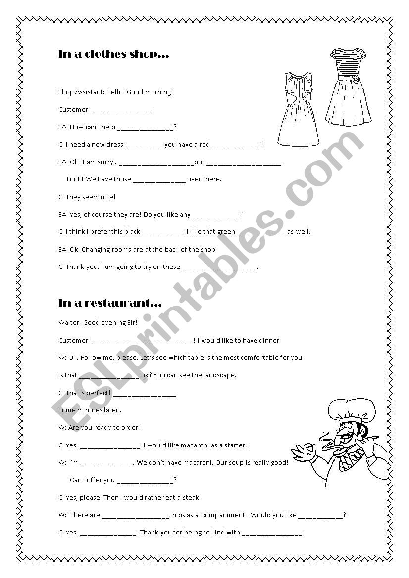 Shop and restaurant dialogues worksheet