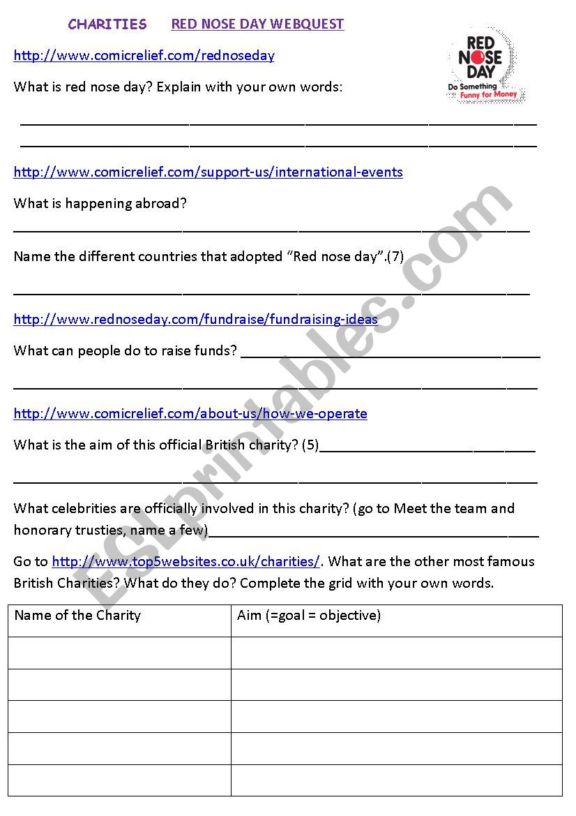 RED NOSE DAY WEBQUEST worksheet