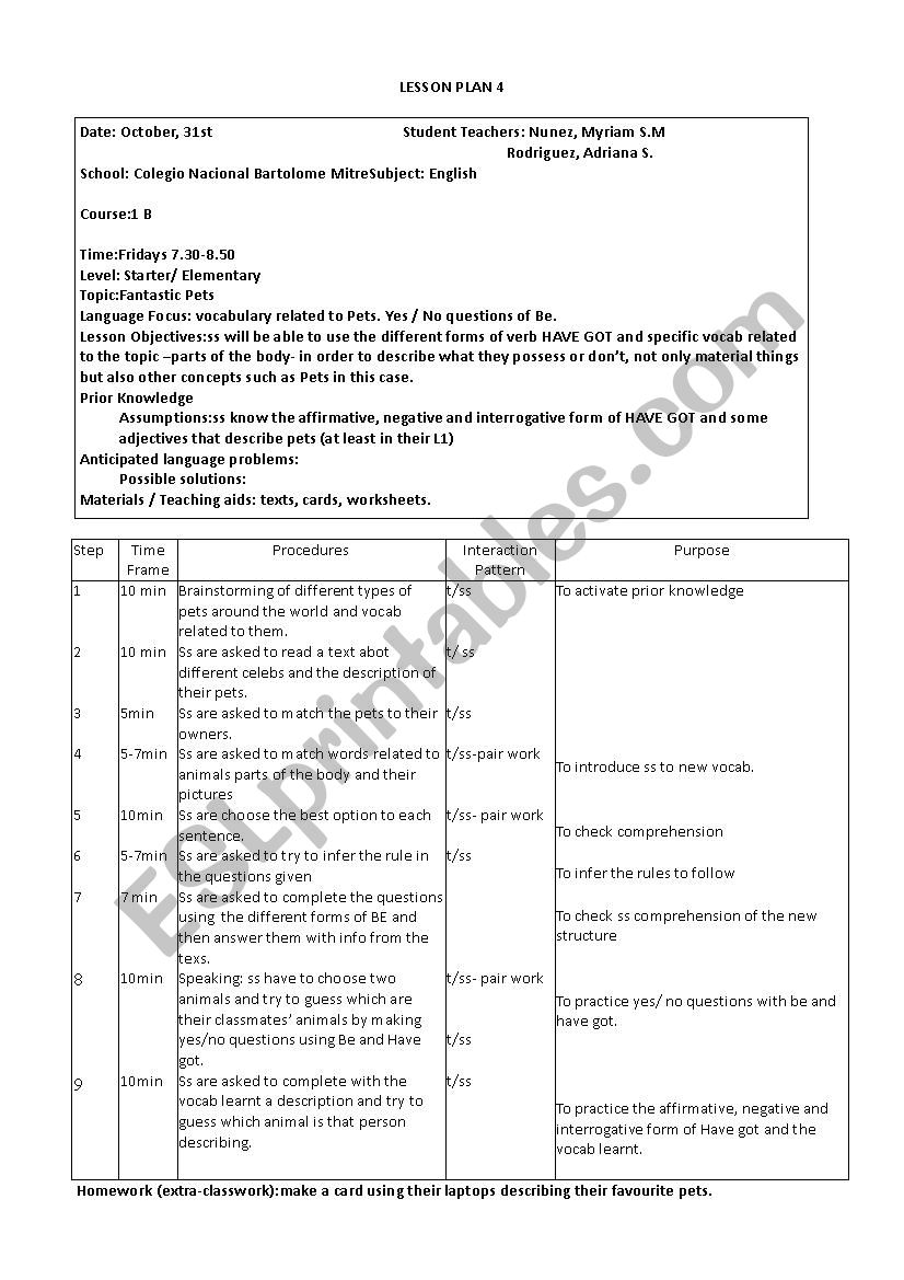 my pets lesson plan worksheet