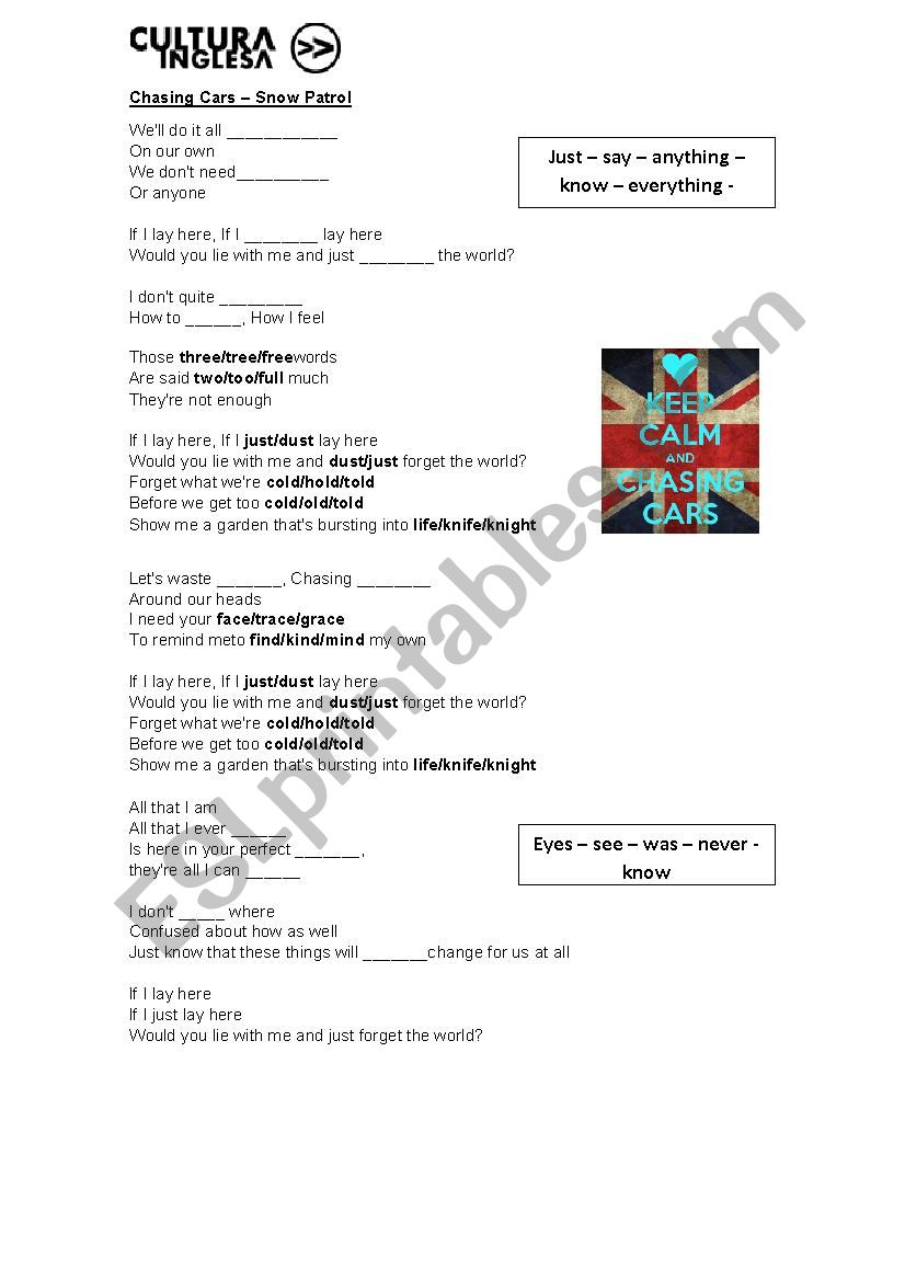 Chasing Cars Snow Patrol worksheet