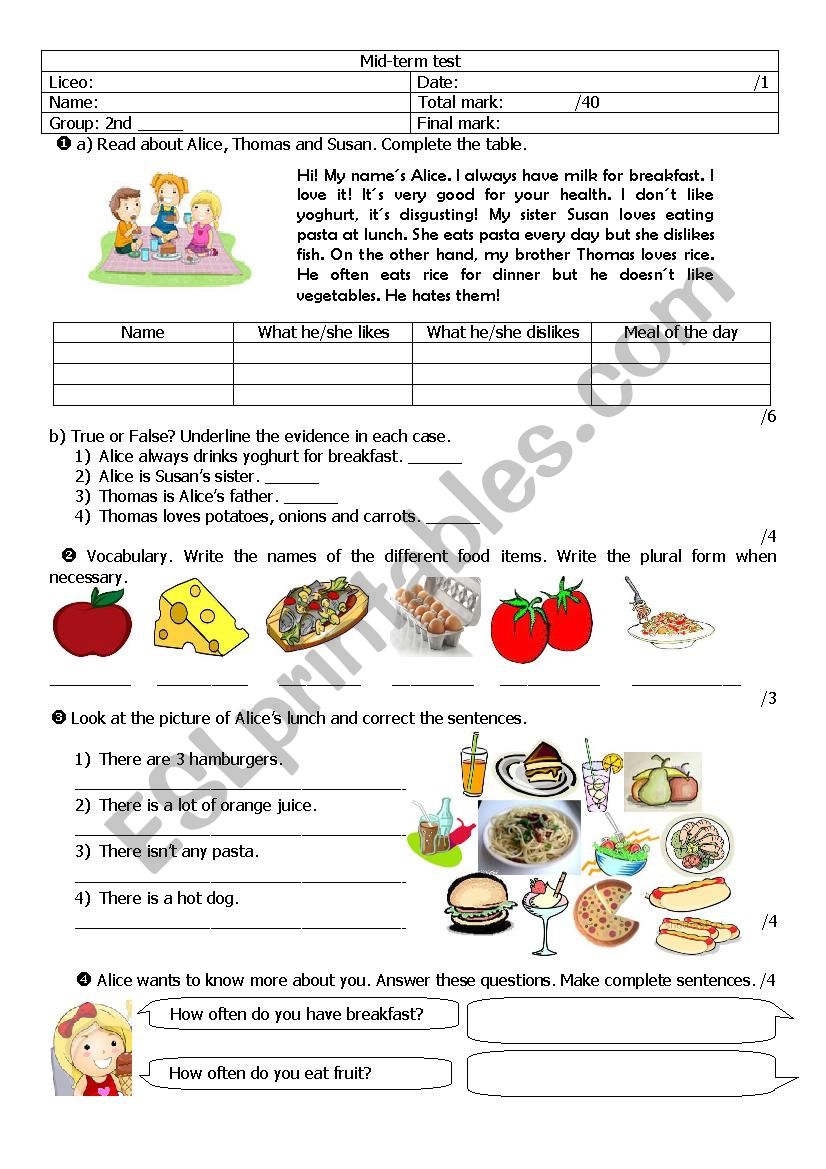 FOOD TEST COMMON CORE CLASSES worksheet