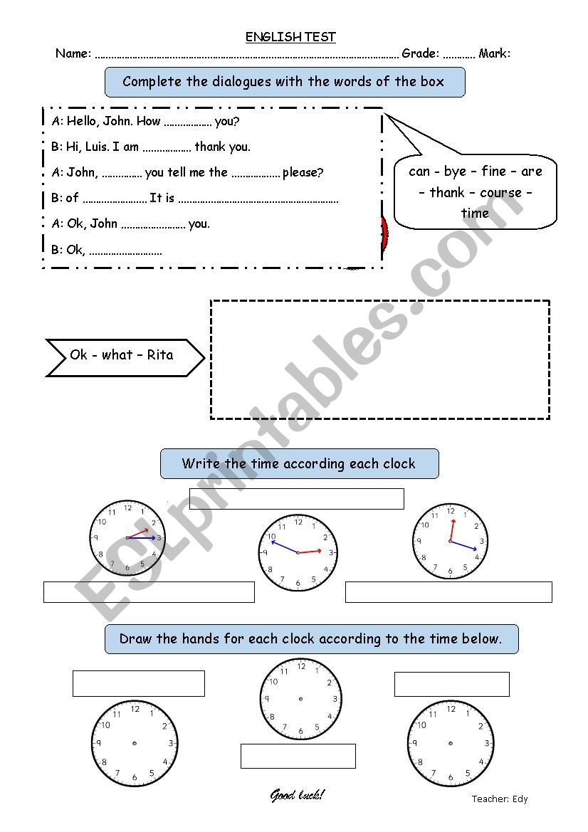 english test - the time worksheet