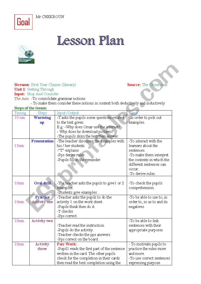 STOP AND CONSIDER worksheet