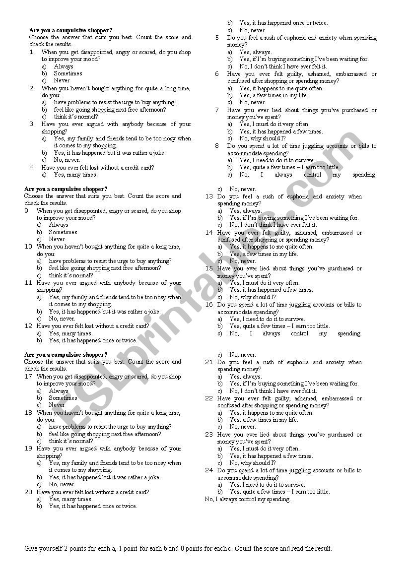 compulsive shopper worksheet