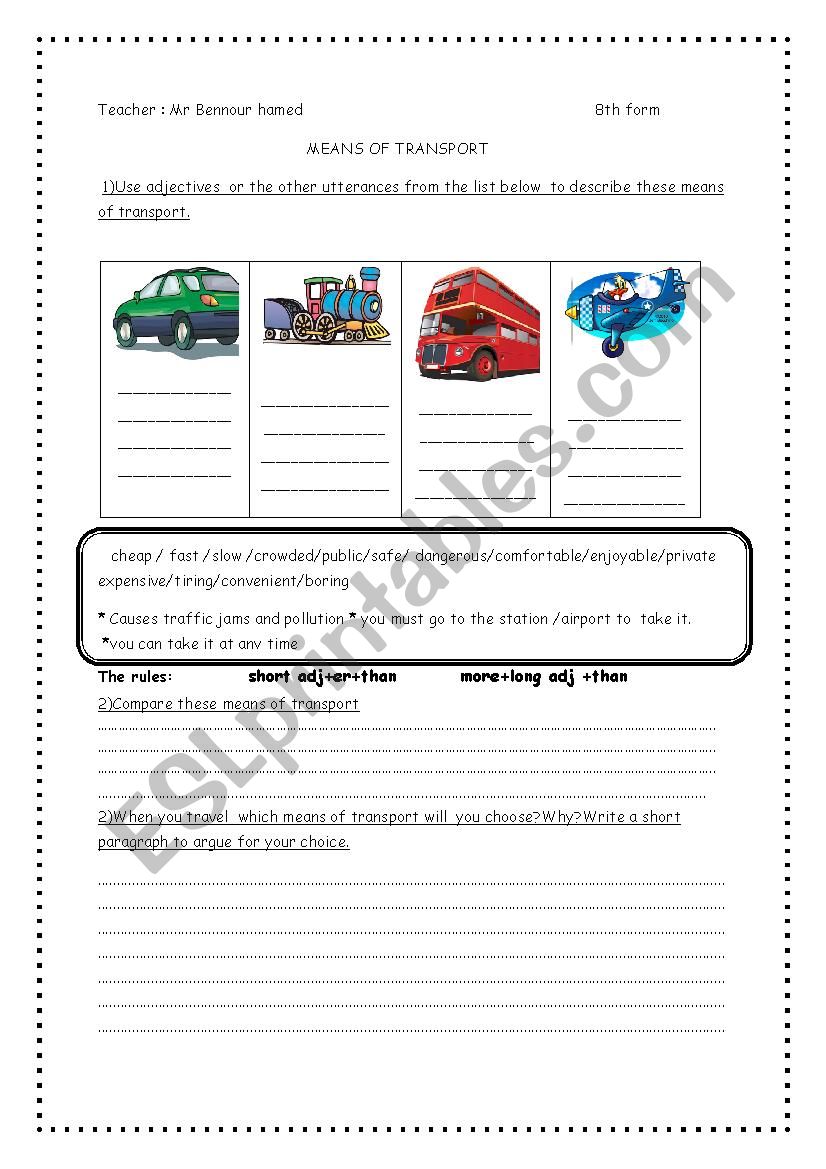 means of transport worksheet