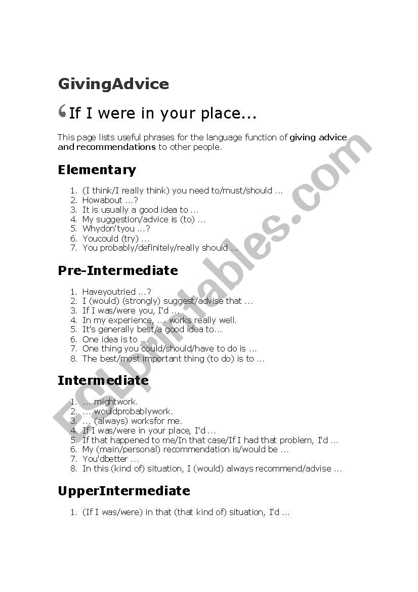 Giving advice expressions worksheet