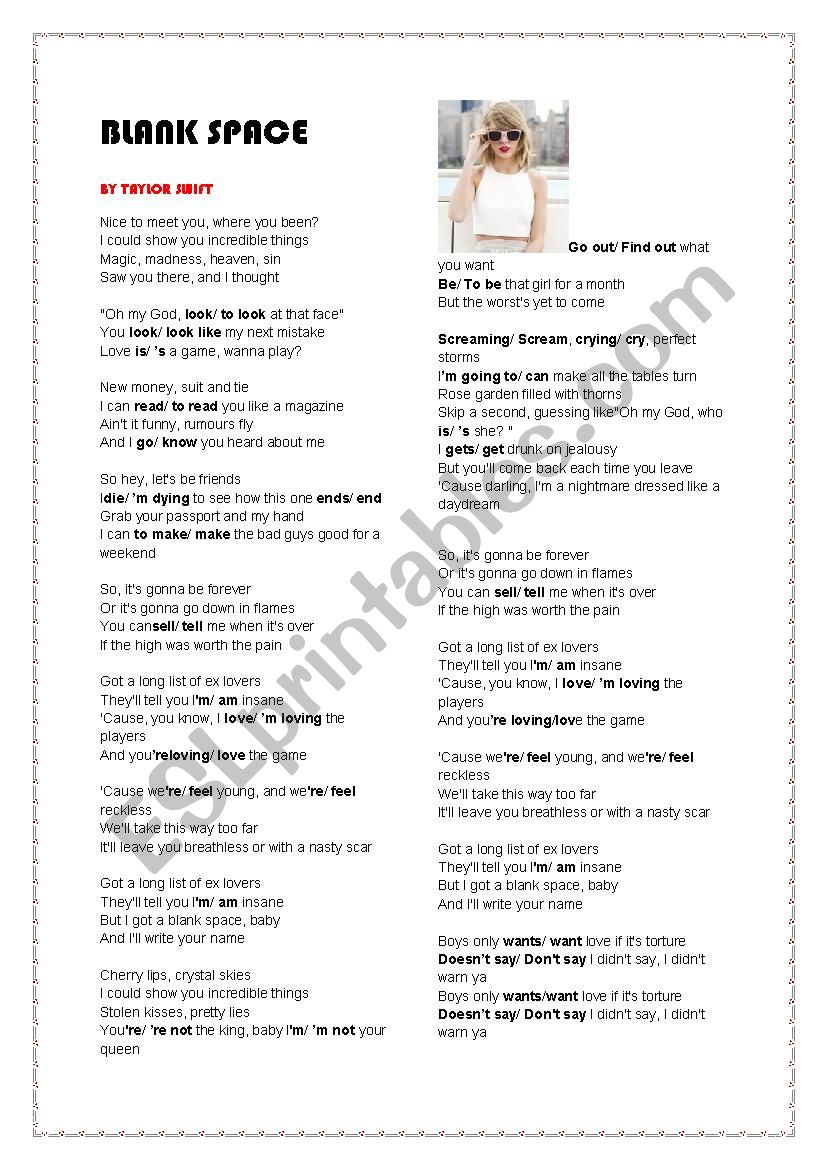 Blank Space by Taylor Swift worksheet