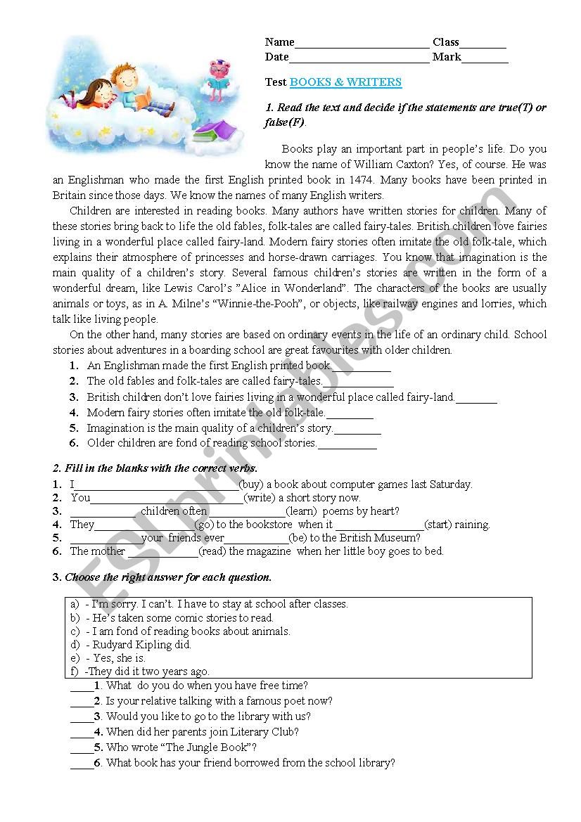 BOOKS AND WRITERS worksheet