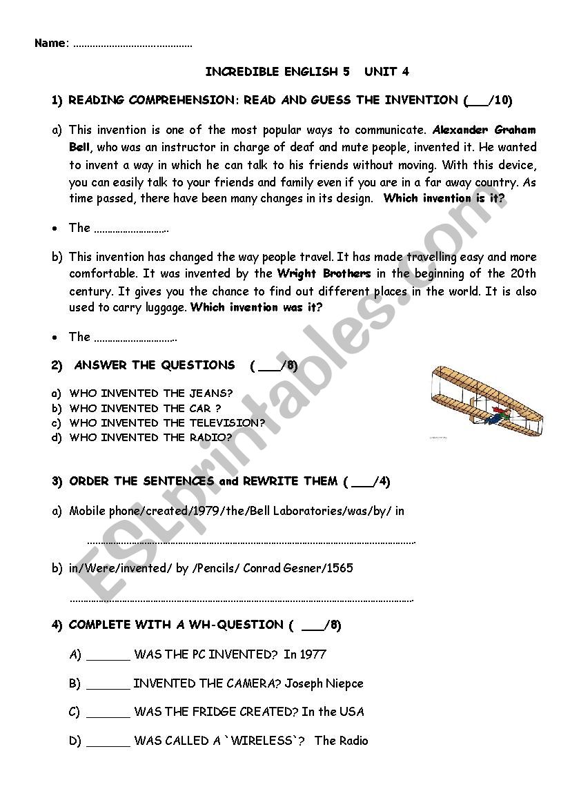 Test on Inventions worksheet