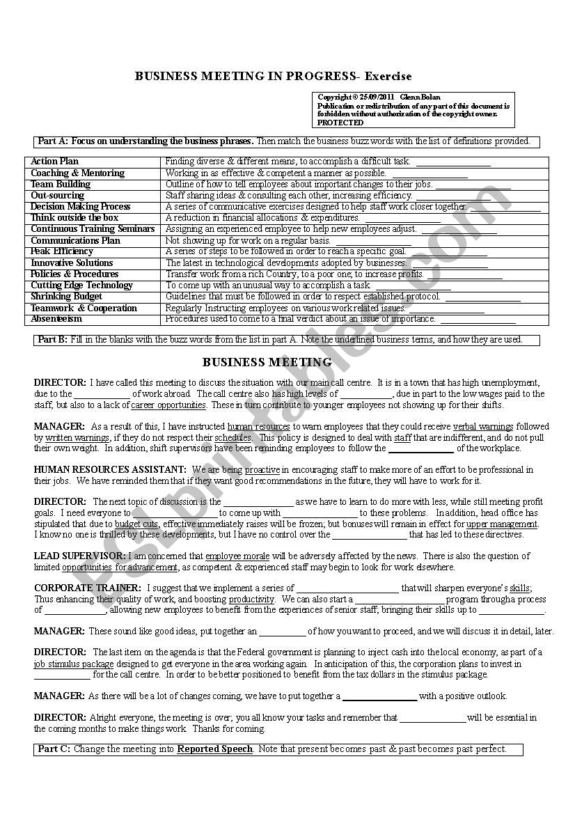 Business Meeting in Progress worksheet