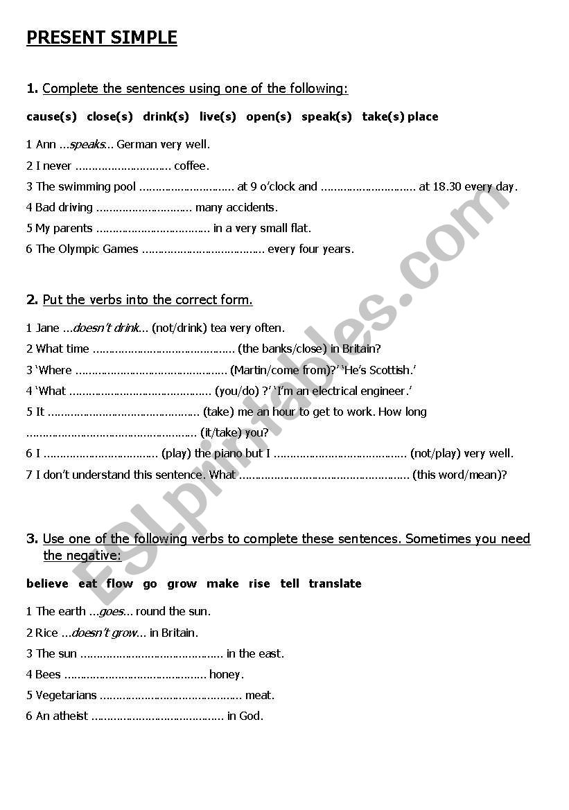 present simple worksheet