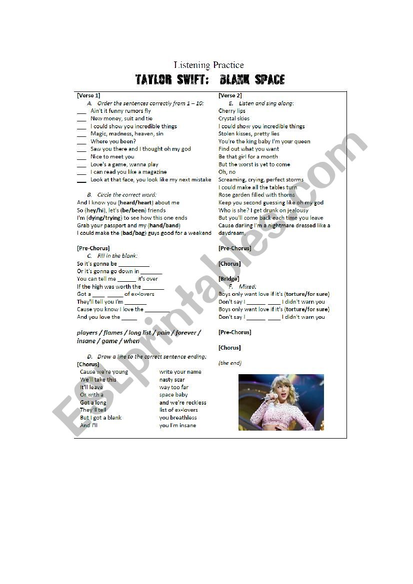 Blank Space by Taylor Swift worksheet