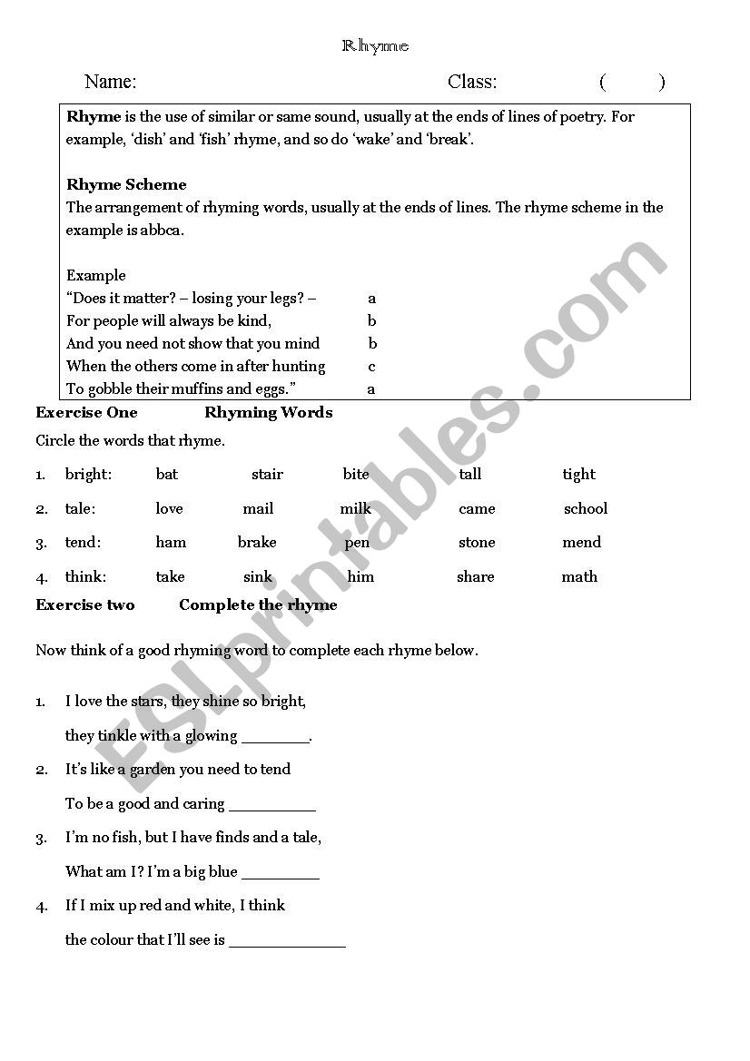 Rhyme and Rhyme Scheme worksheet