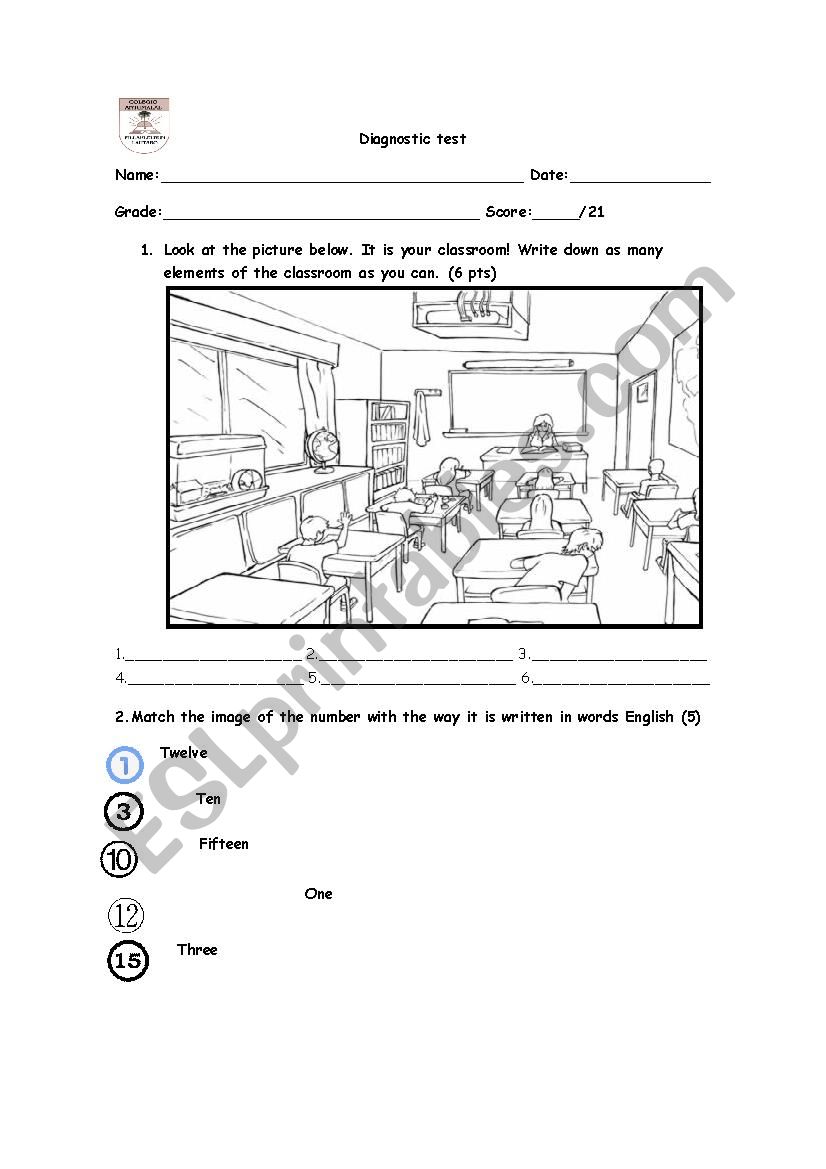 DIAGNOSTIC TEST 6TH GRADE worksheet