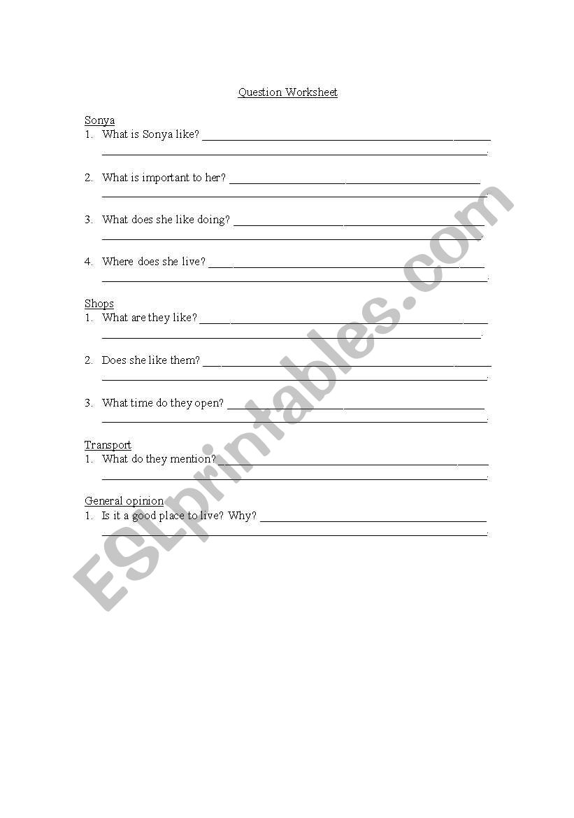 Comprehension question sheet for dialog on Sonya in Medellin