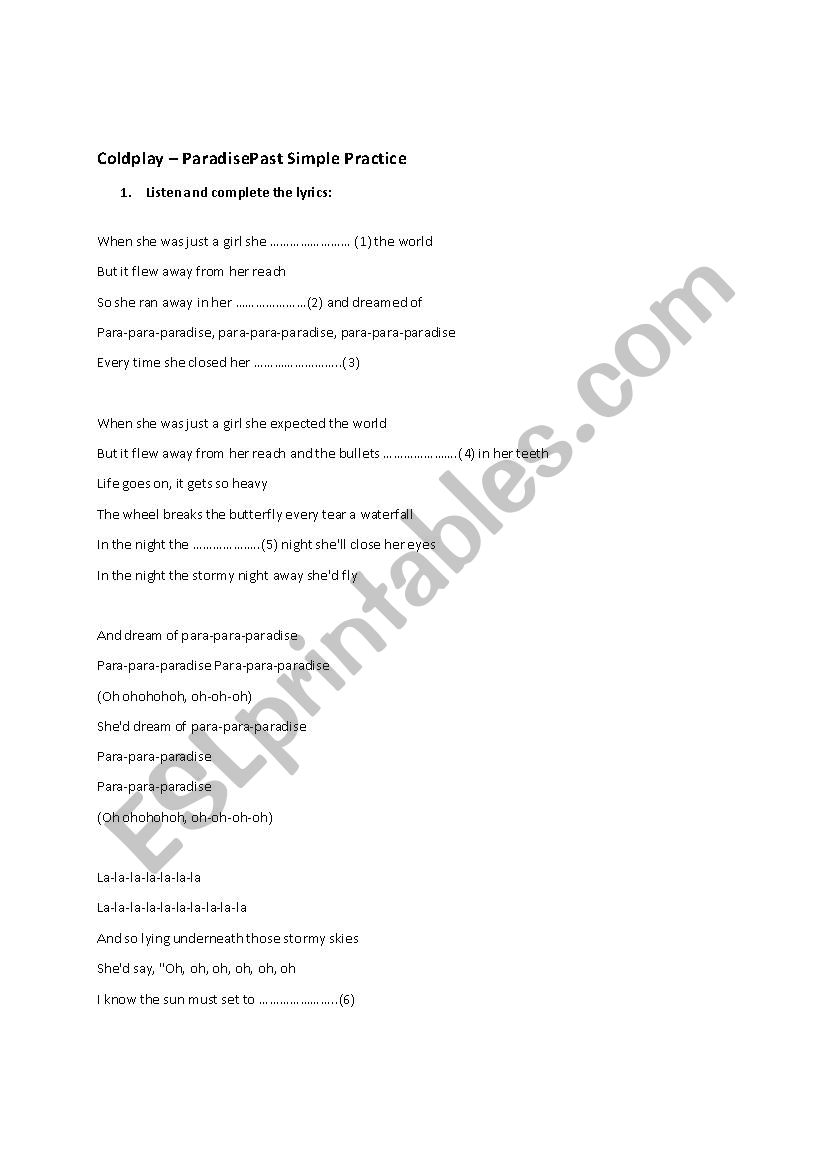 coldplay-paradise-past-simple-song-esl-worksheet-by-fotini30