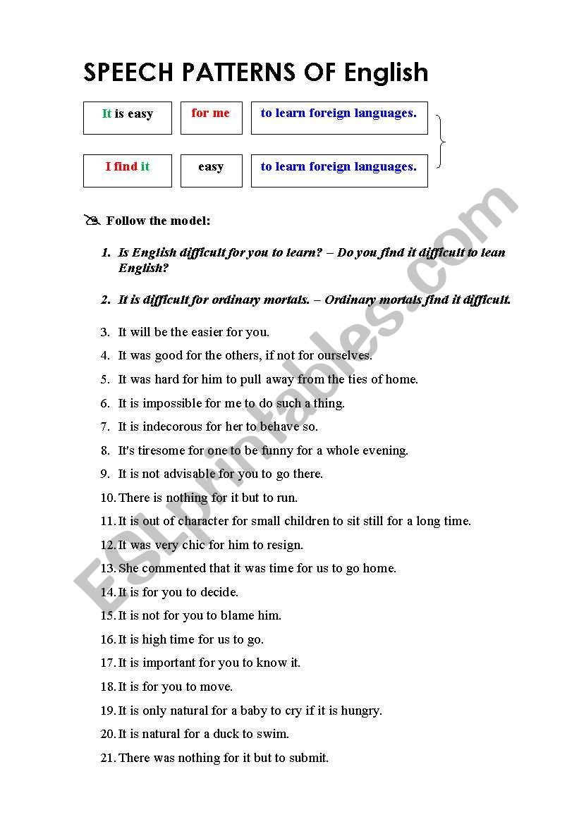 Infinitive speech pattern - it is + modifier + for Object + to Infinitive