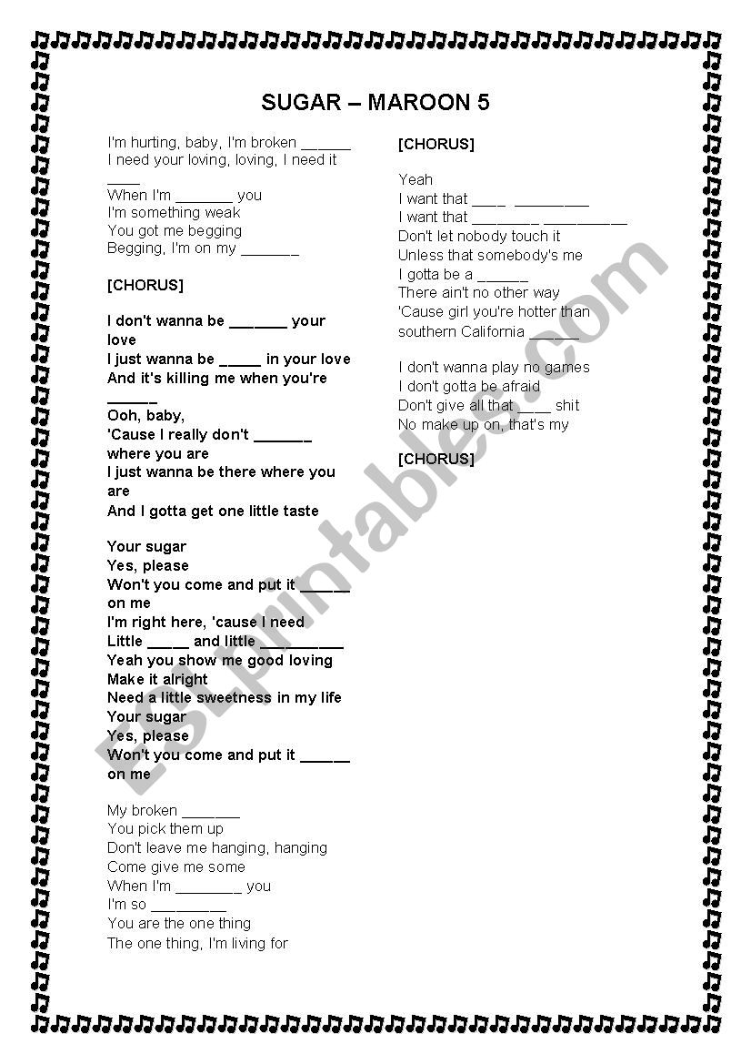 Sugar - Maroon 5 worksheet