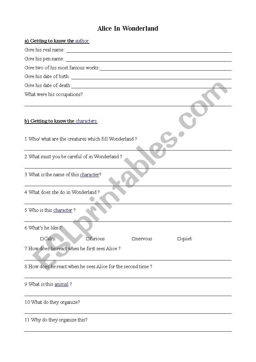 ALICE IN WONDERLAND WEBQUEST worksheet