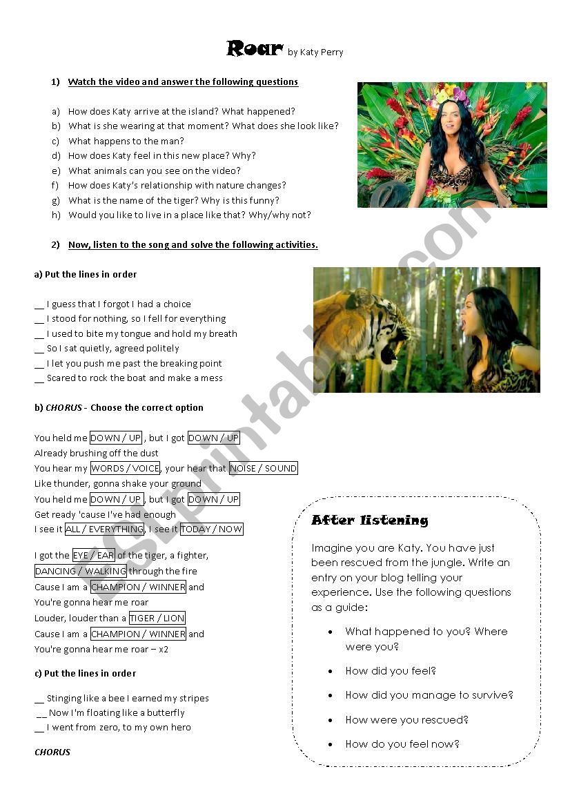 Roar by Katy Perry worksheet