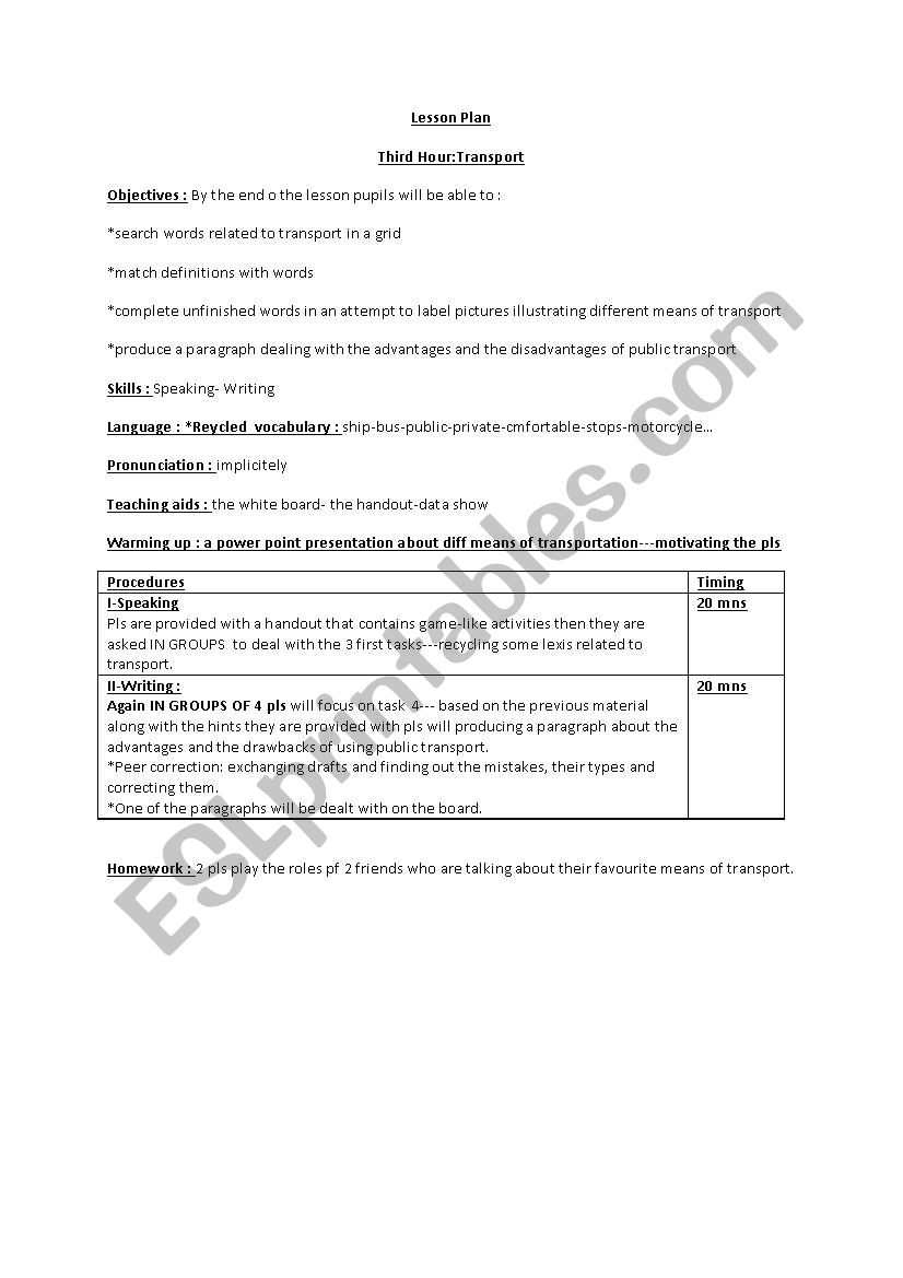 lesson plan transport 9th form