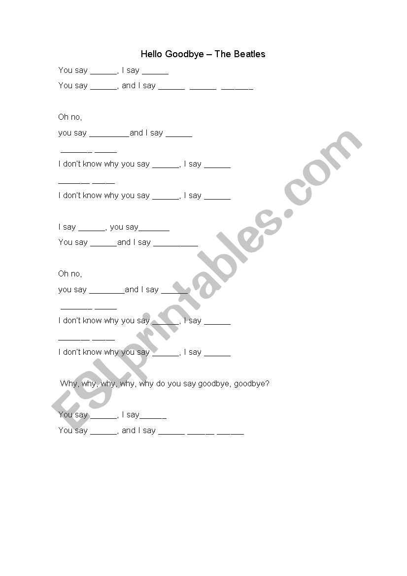 Hello goodbye worksheet