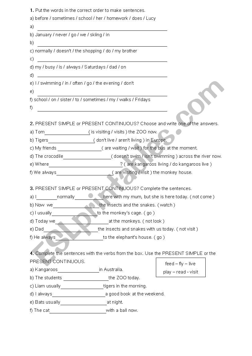 Present tenses 2 worksheet