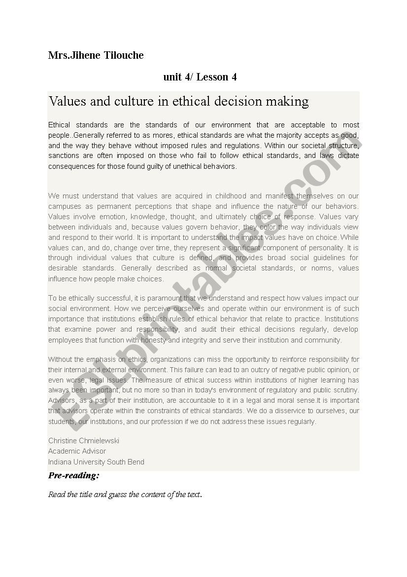 Unit 4 /lesson :ethics and values