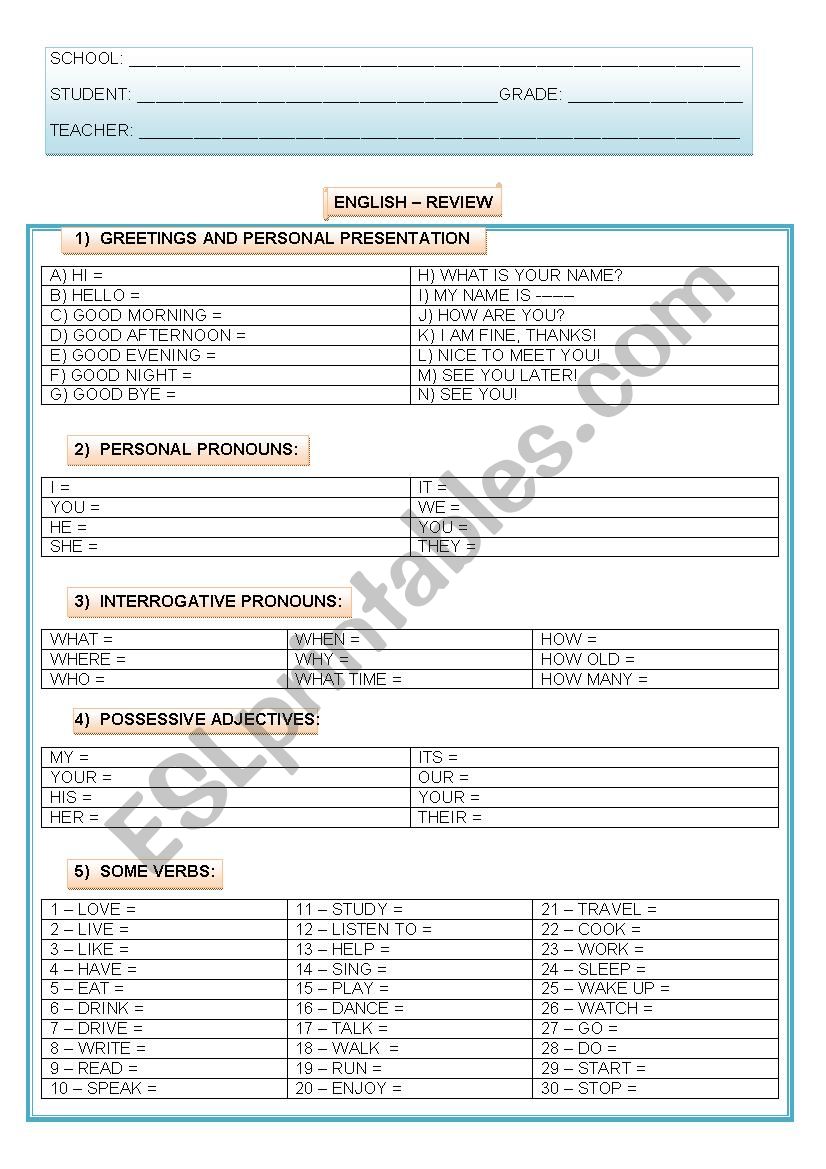 English Review worksheet