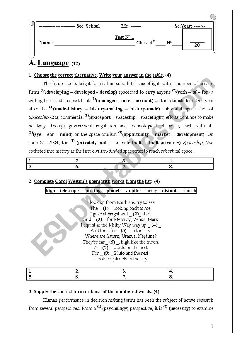 Test Fourth Form Secondary worksheet