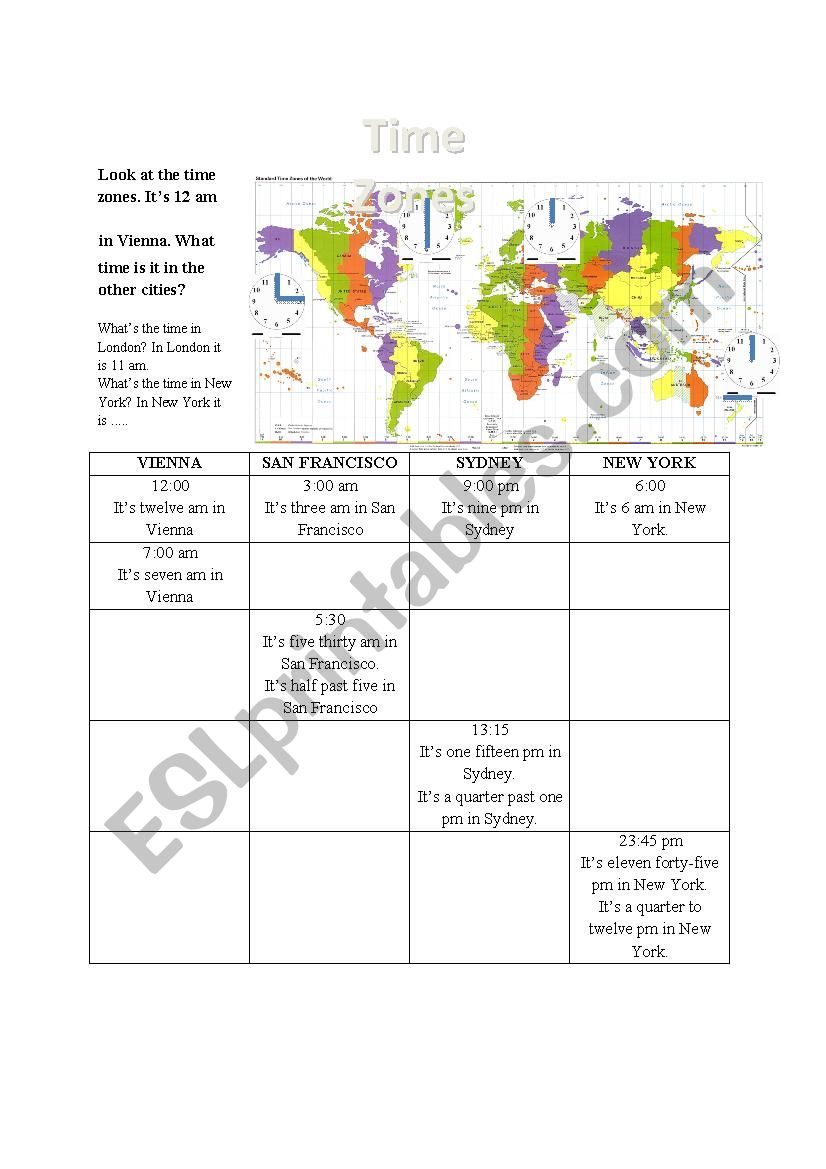 Tell the time (time zones) worksheet