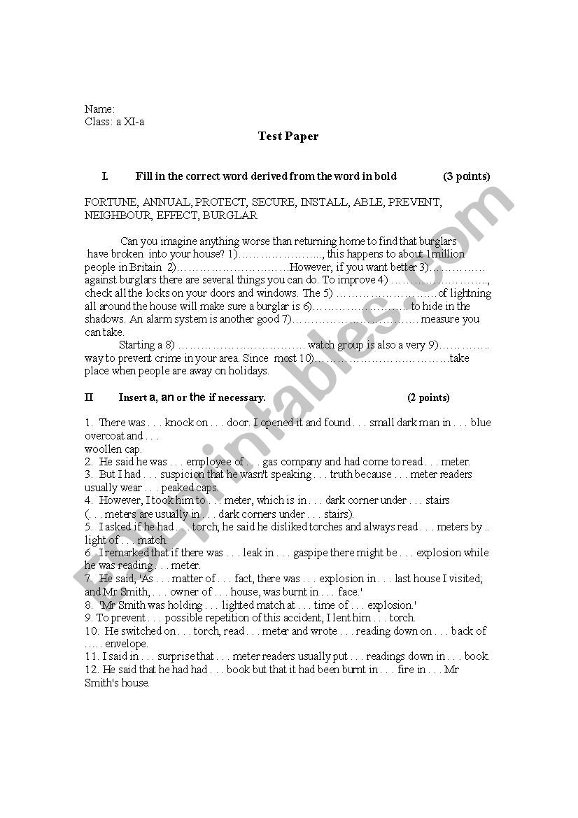 Test Paper worksheet