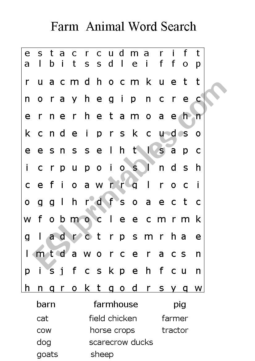 Farm animal word search worksheet