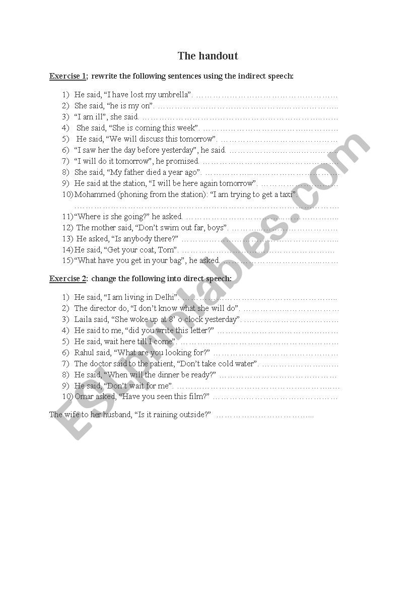 handout about reported speech worksheet