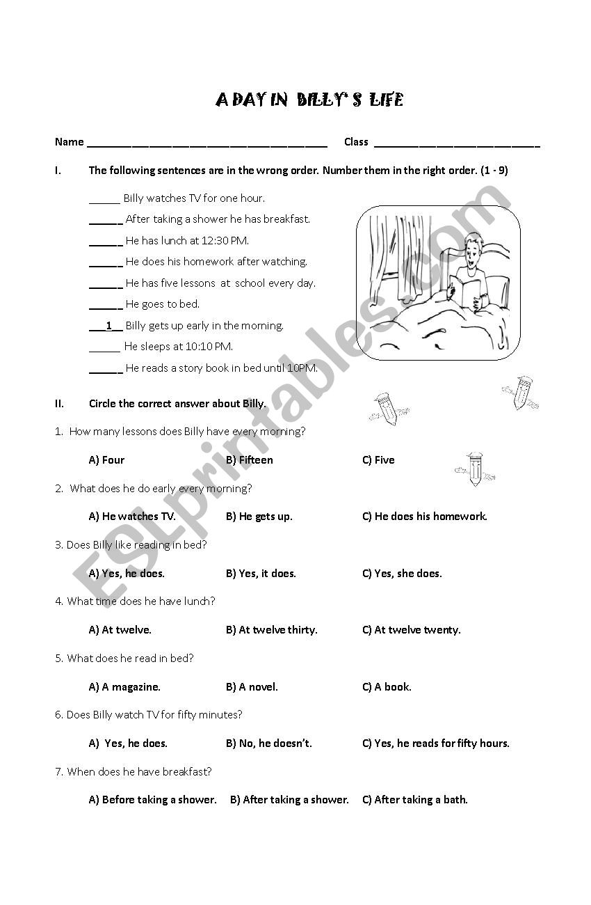 A day in Billys life worksheet