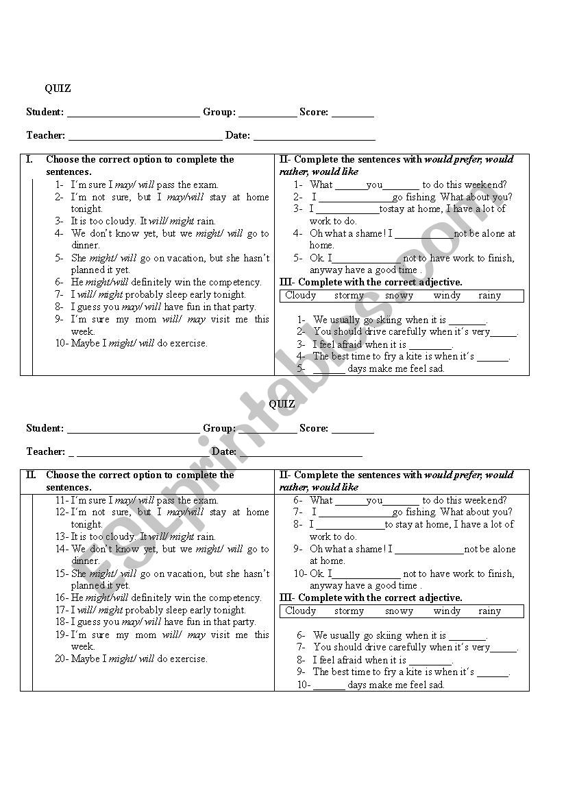 Quiz-Future Possibilities worksheet