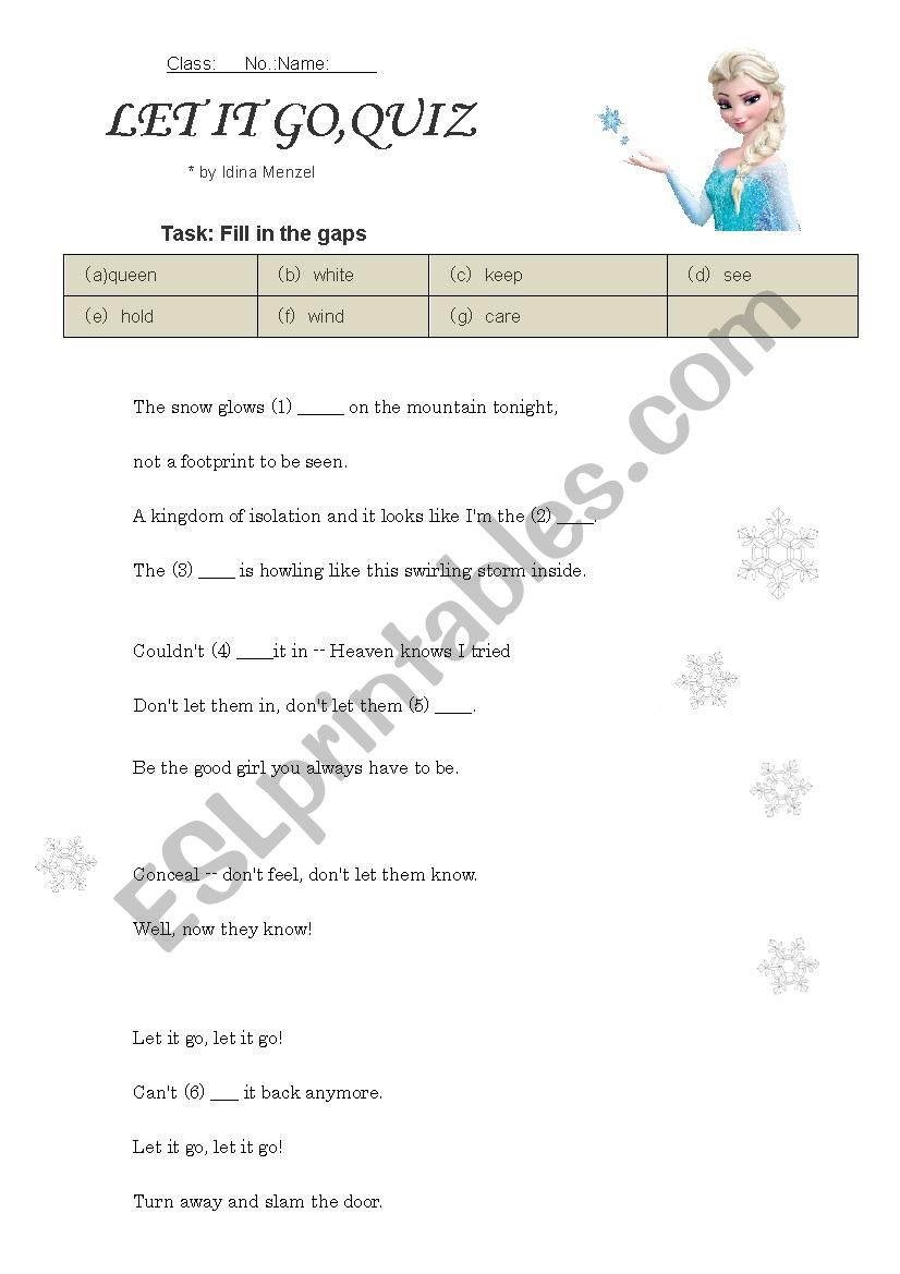 Let it go (gap fill,and lyrics sheets, 2 parts)