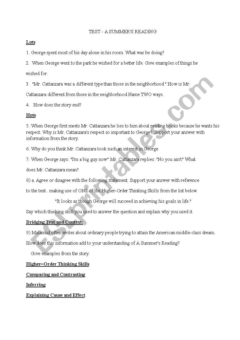 a summers reading test worksheet
