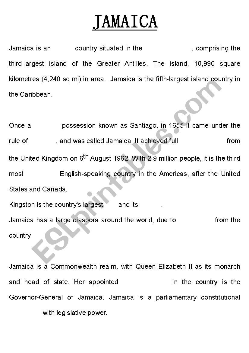 Jamaica Summary worksheet