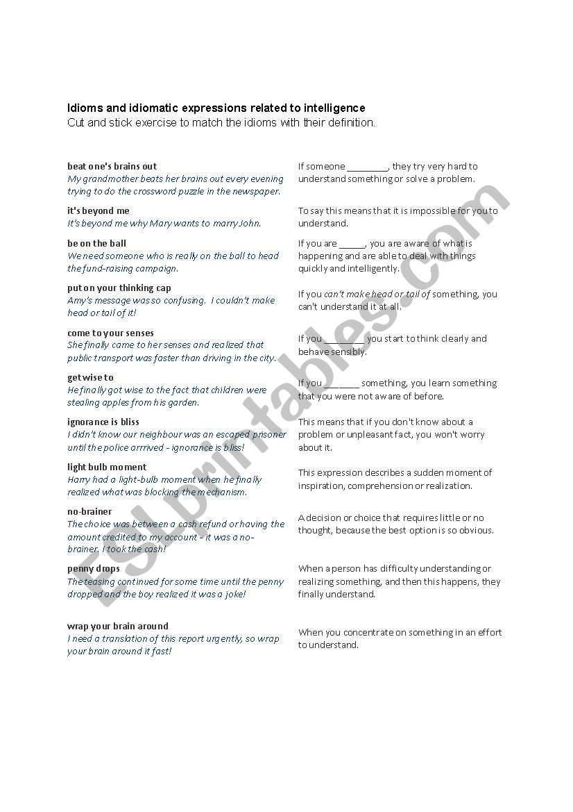 Idioms about intelligence worksheet