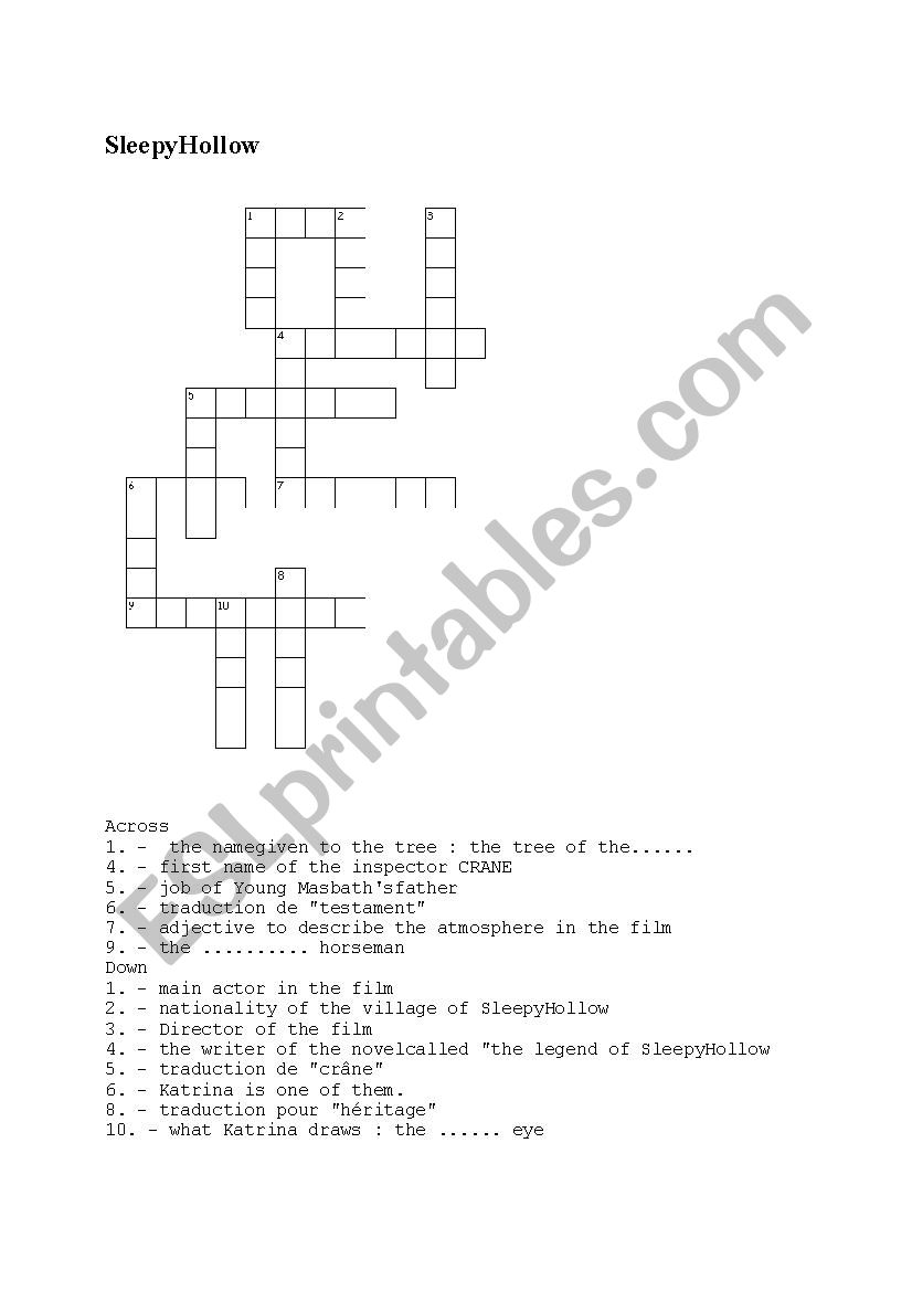 Sleepy Hollow crosswords worksheet