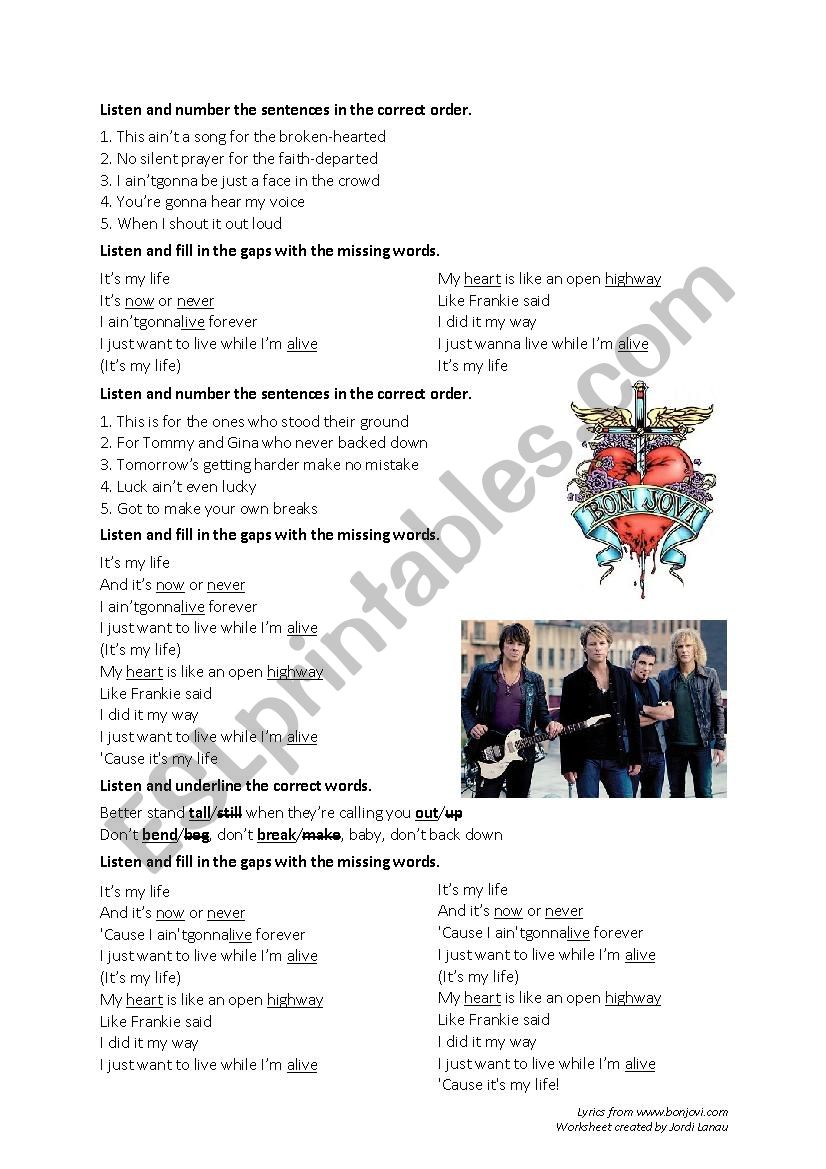 Bon Jovi - ItÂ´s my life worksheet