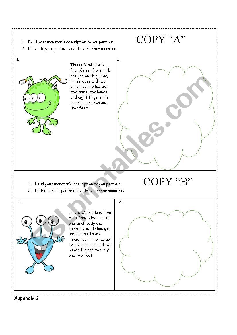 Description of monsters worksheet