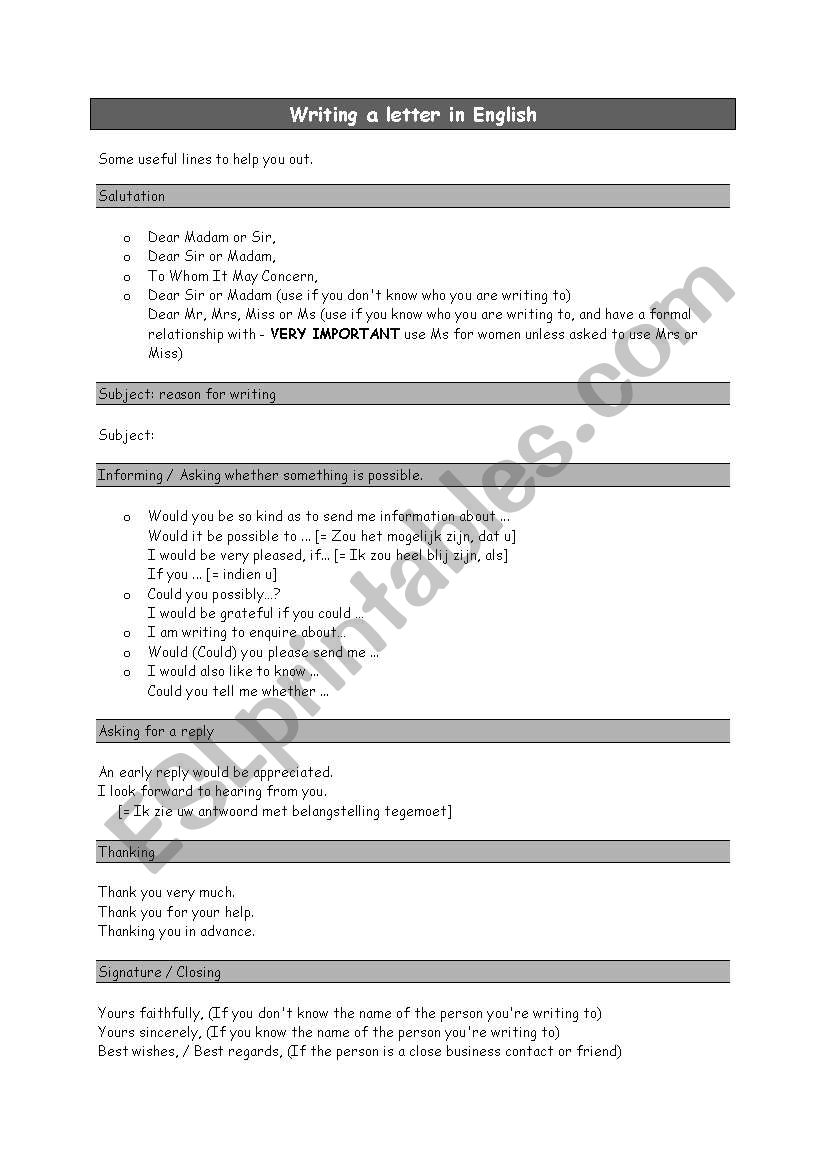 writing a formal letter worksheet