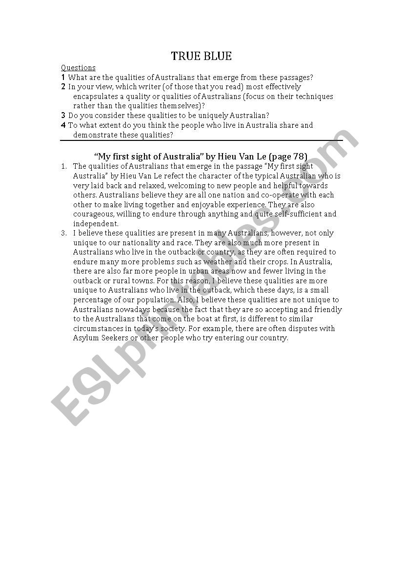 true blue - questions worksheet