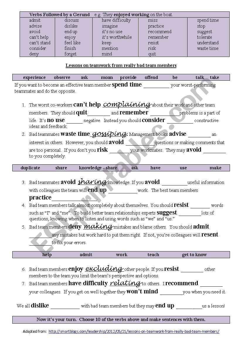 Verbs followed by a gerund worksheet