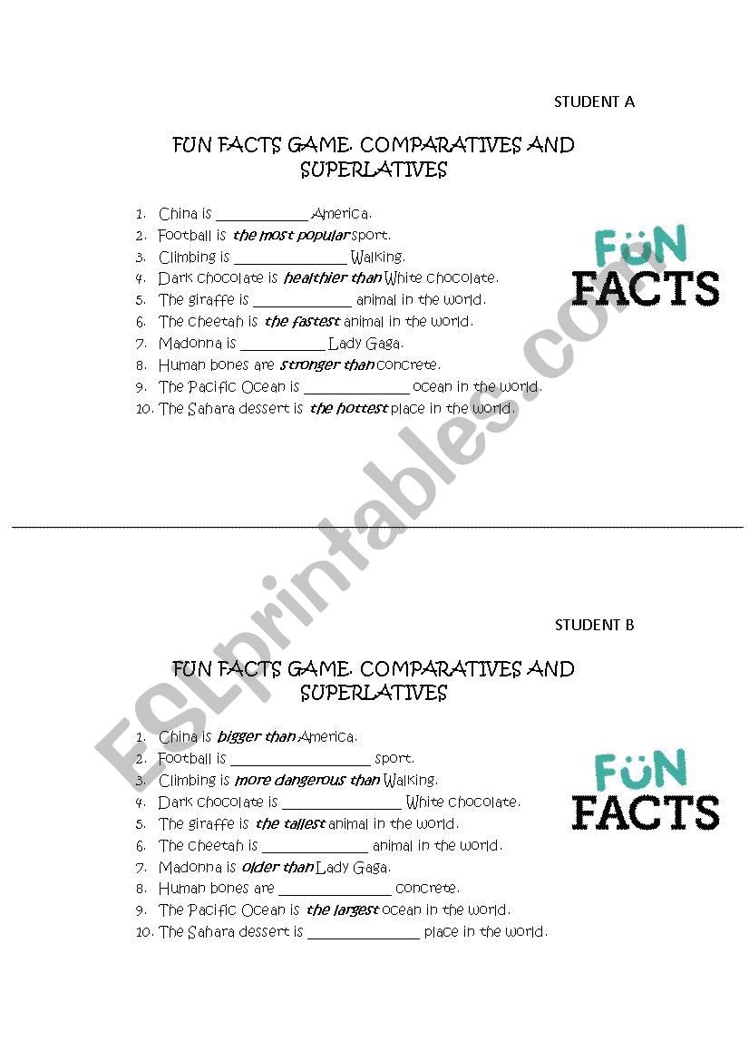 Comparatives and Superlatives FUN FACTS GAME