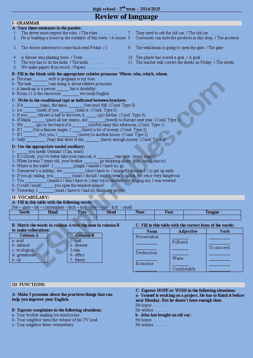 Review of Language points worksheet