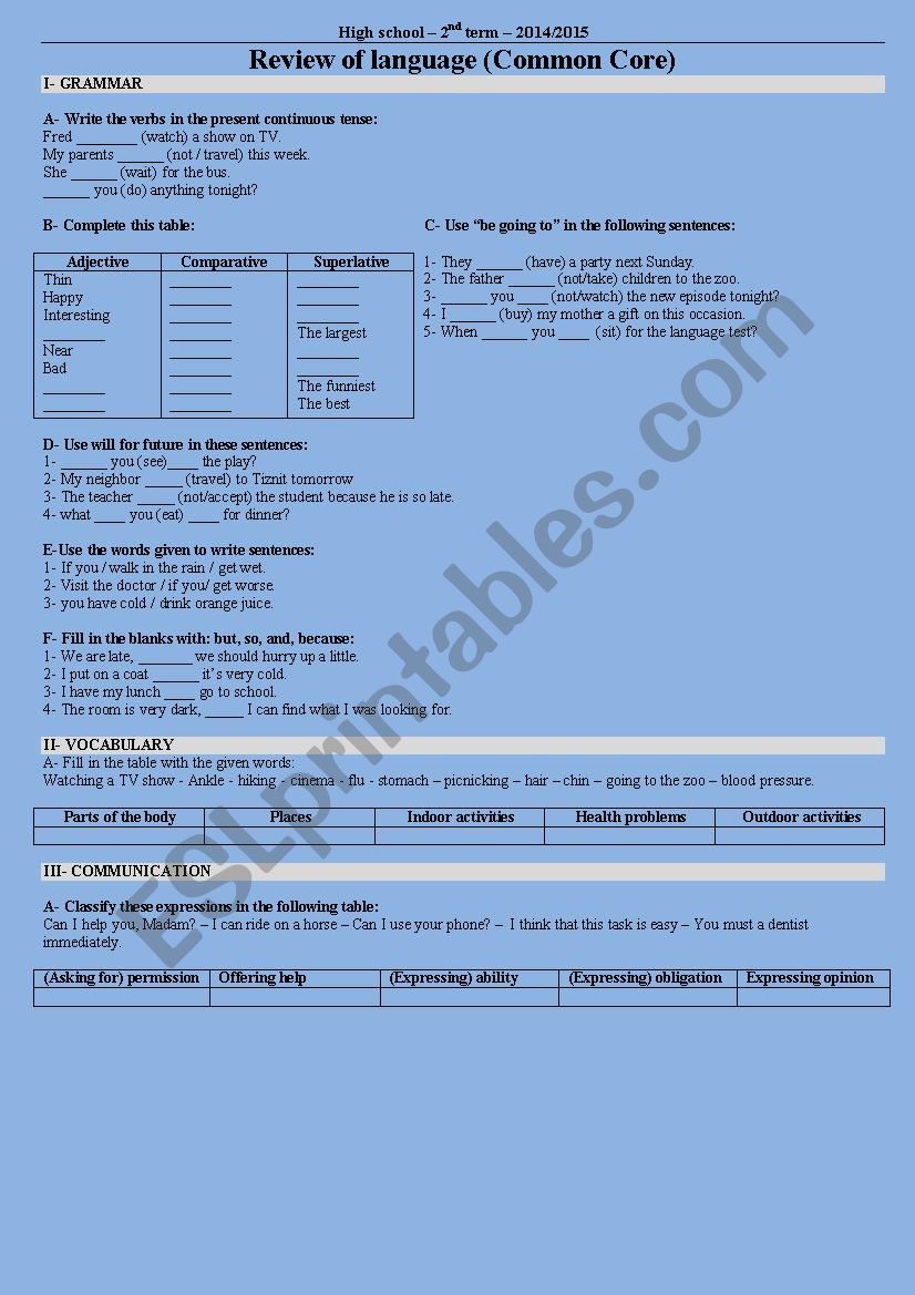 Review of Language points worksheet