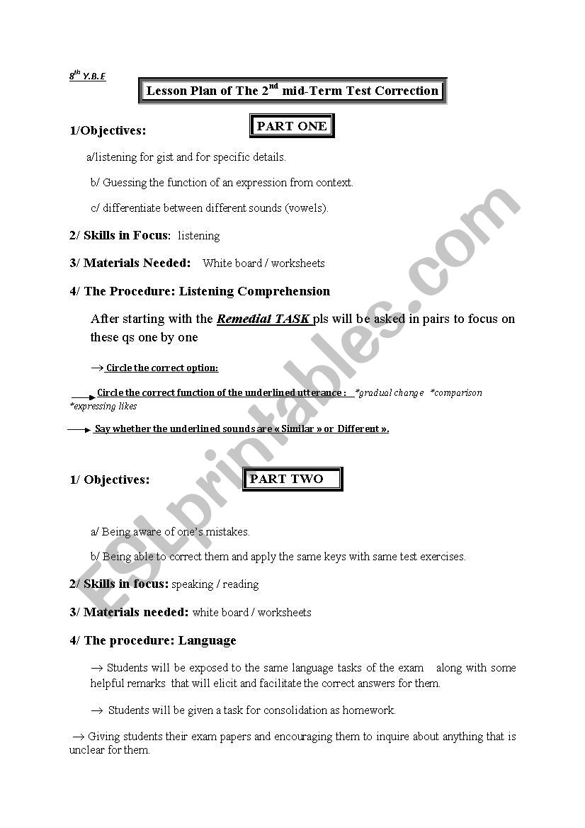 plan mid term test correction 8th form